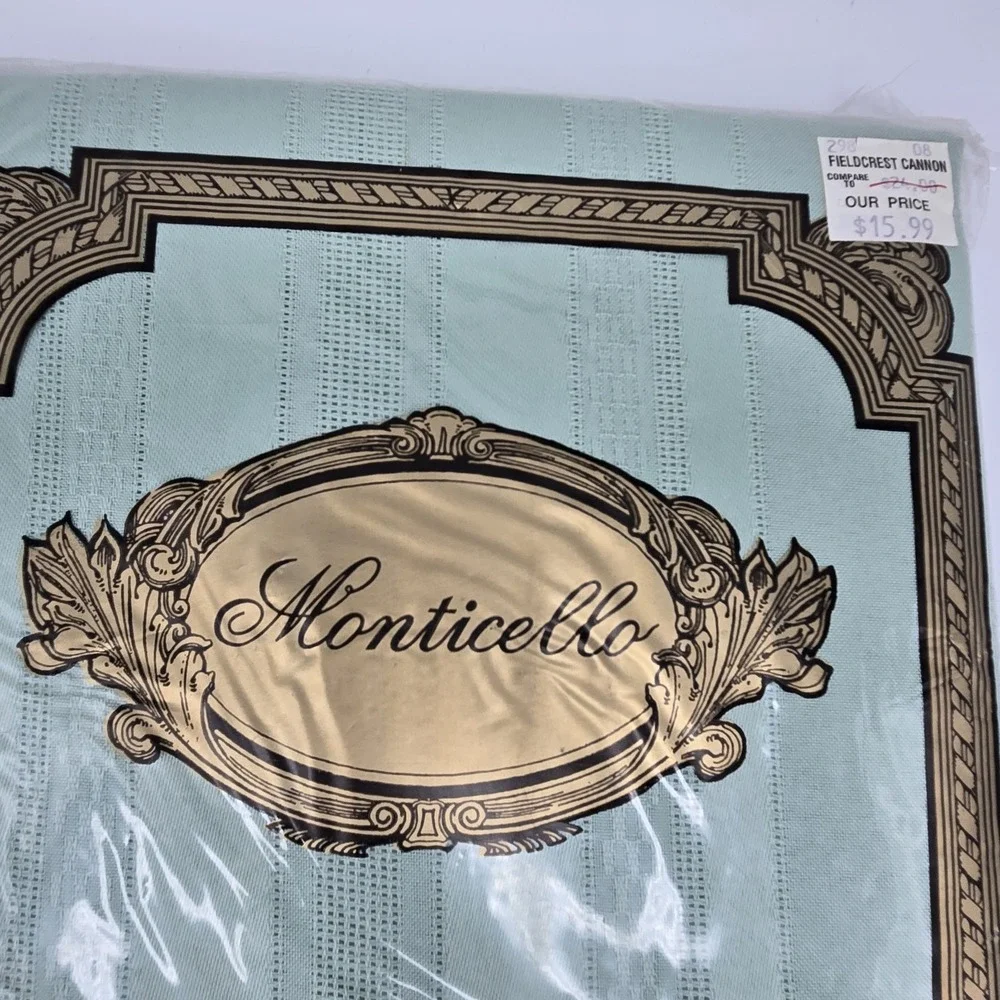 Vtg Monticello‎ Satin Stripe Tablecloth 60x102 Oblong Sage Green MCM Cottagecore